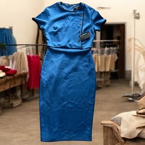 En Focus Studio Blue Sheath Dress Size 6 Short Sleeve Button Detail‎ NWT